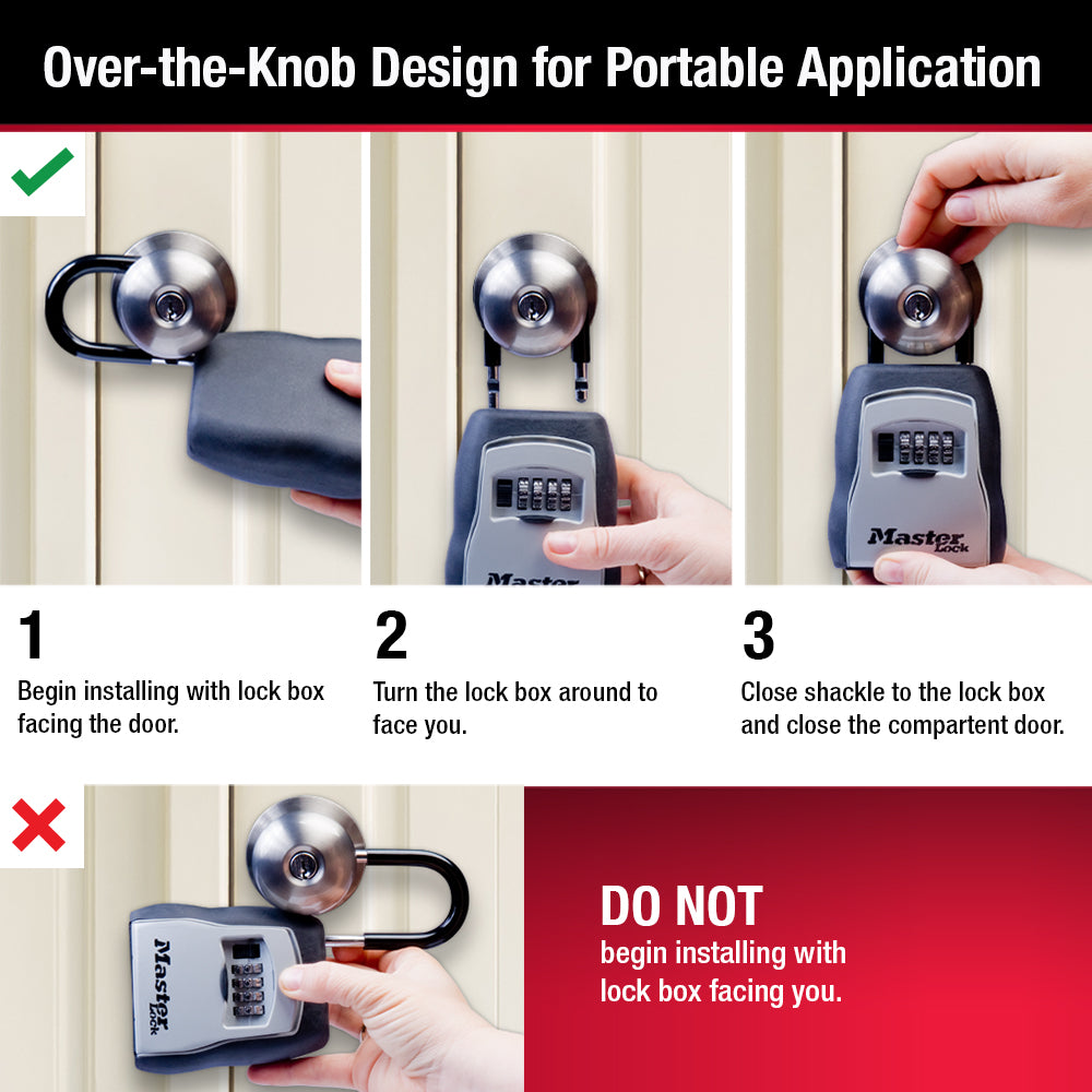 Step-by-step images show how to install the MASTER LOCK 5400D Portable Key Safe by Master Lock on a doorknob. Keep the key box upright and do not install with the combination safe facing up. Holds up to 5 keys.
