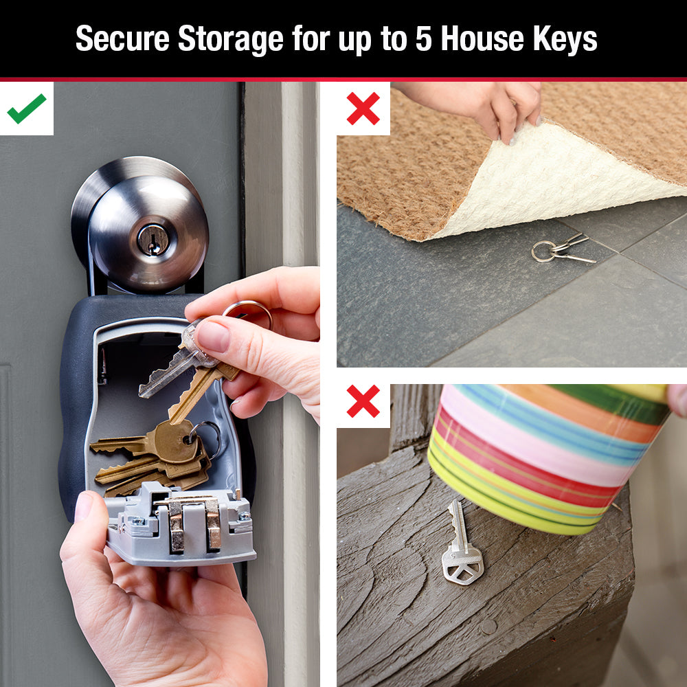 A hand puts keys in the MASTER LOCK 5400D Portable Key Safe by Master Lock outdoors. Insets show unsafe spots like doormats or flowerpots. Text: Store up to 5 keys securely—smarter than hiding keys or using an unsecured box.