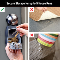 A hand puts keys in the MASTER LOCK 5400D Portable Key Safe by Master Lock outdoors. Insets show unsafe spots like doormats or flowerpots. Text: Store up to 5 keys securely—smarter than hiding keys or using an unsecured box.