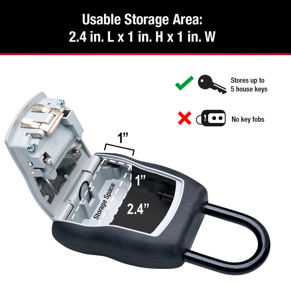 The MASTER LOCK 5400D Portable Key Safe by Master Lock holds up to 5 house keys (not key fobs) in a 2.4" x 1" x 1" storage area, making it perfect as a contractor key box.
