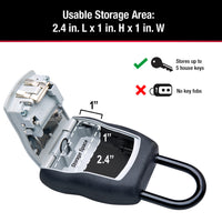 The MASTER LOCK 5400D Portable Key Safe by Master Lock holds up to 5 house keys (not key fobs) in a 2.4" x 1" x 1" storage area, making it perfect as a contractor key box.