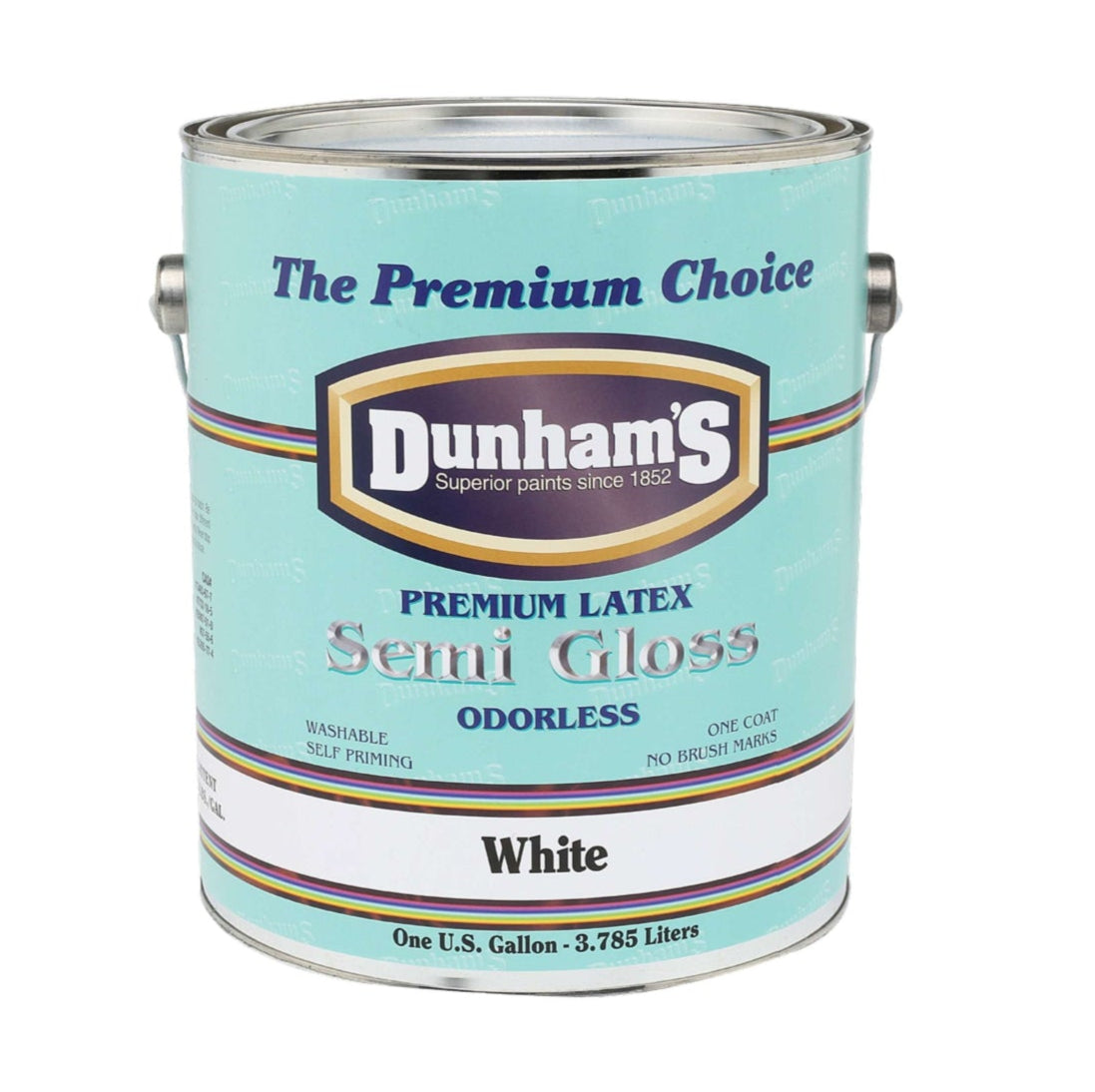 A one-gallon can of DUNHAM Premium Latex Semi Gloss Odorless White features a light blue label, silver handle, and product details such as “washable,” “self priming,” and “latex semi gloss paint.”.