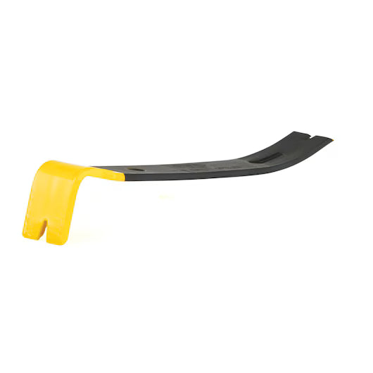 The STANLEY 7 IN WONDER BAR® II PRY BAR features a black and yellow, precision-forged steel body with a curved design, notched flat end for pulling nails, and an angled end for prying—perfect as a compact demolition tool.