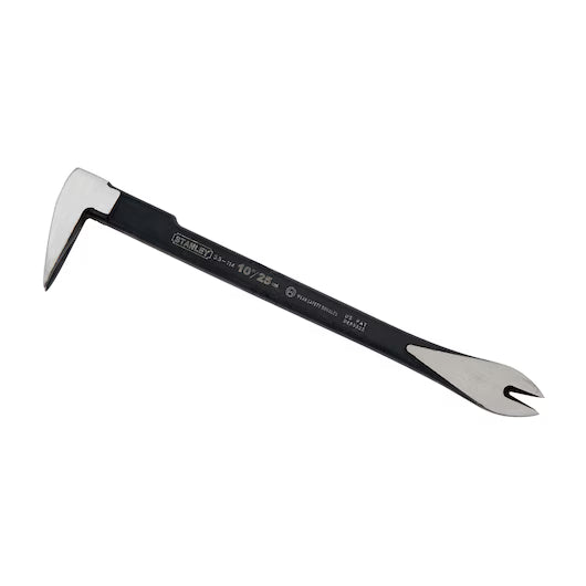 The STANLEY® STEEL CLAW BAR - 10IN features forged steel construction, a flattened forked end for nail removal, a curved prying tip, silver-colored ends, black finish, and distinctive STANLEY branding on the handle.