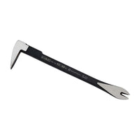 The STANLEY® STEEL CLAW BAR - 10IN features forged steel construction, a flattened forked end for nail removal, a curved prying tip, silver-colored ends, black finish, and distinctive STANLEY branding on the handle.