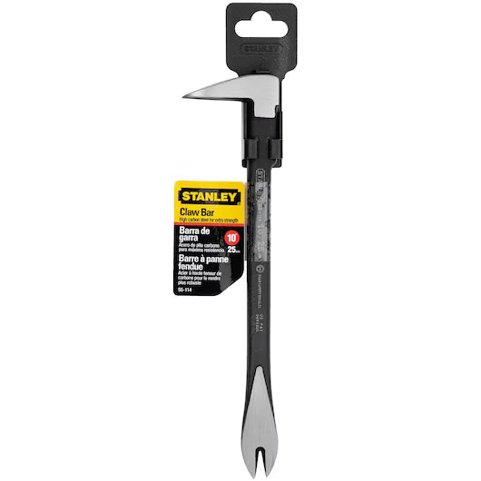 The STANLEY® STEEL CLAW BAR - 10IN / 250MM features forged steel construction, black and silver finish, split end for nail removal, pointed pry end, and comes in packaging with a yellow and black STANLEY label.