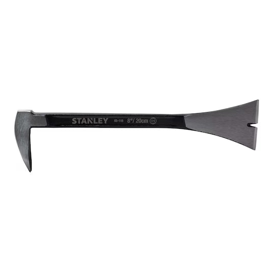 The STANLEY 8 IN PRECISION MOLDING BAR is a steel tool featuring a flat, wide nail puller and a curved claw, perfect for trim removal and versatile woodworking tasks.