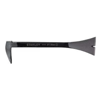 The STANLEY 8 IN PRECISION MOLDING BAR is a steel tool featuring a flat, wide nail puller and a curved claw, perfect for trim removal and versatile woodworking tasks.