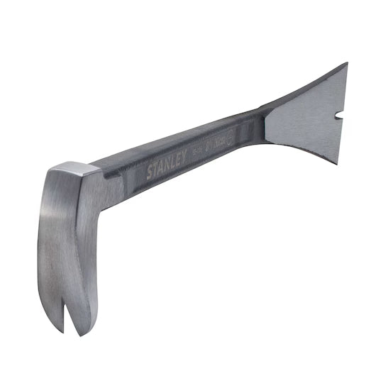 The STANLEY 8 IN PRECISION MOLDING BAR has a flat, wide end for prying and a curved claw for removing nails—an essential tool for woodworking.