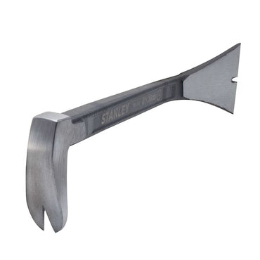The STANLEY 8 IN PRECISION MOLDING BAR has a flat, wide end for prying and a curved claw for removing nails—an essential tool for woodworking.
