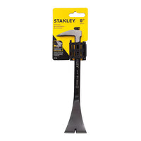 The STANLEY 8 IN PRECISION MOLDING BAR features a curved claw and flat prying end, shown in black with yellow and black packaging—an essential tool for detailed woodworking and prying tasks.