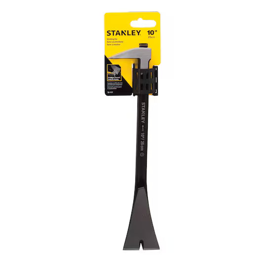 The STANLEY® STEEL MOULDING BAR - 10IN / 250MM, in black, is perfect for woodworking and comes attached to yellow and black STANLEY packaging featuring the brand logo and product details at the top.