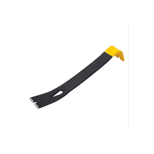The STANLEY® STEEL FLAT WONDER BAR® - 13IN / 340MM features a flat, angled end and slotted tip for prying or nail removal—an essential black-and-yellow demolition tool from STANLEY.