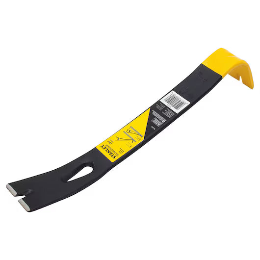 The STANLEY® STEEL FLAT WONDER BAR® - 13IN / 340MM is a versatile black and yellow pry bar with a flat angled end for prying and a slotted end for pulling nails, ideal for demolition and various tasks. Shown on a white background.