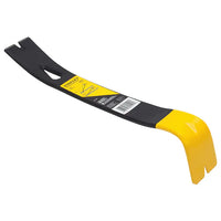 The STANLEY® STEEL FLAT WONDER BAR® - 13IN is a black and yellow pry bar with a slotted end for nail removal, beveled end for prying, and features a label with barcode attached to the center.