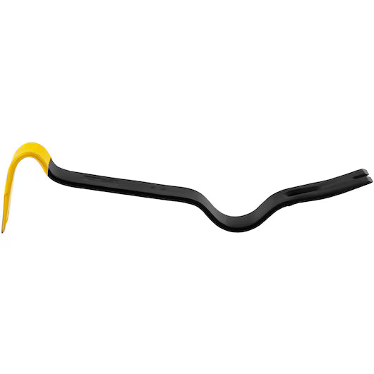 The STANLEY® STEEL FLAT WONDER BAR® (15IN) features a curved forged steel design with flat and hooked ends for prying and pulling nails, making it a versatile demolition tool in classic black and yellow.