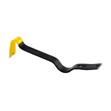 The STANLEY® STEEL FLAT WONDER BAR® - 15IN is a black, forged steel pry bar with a curved design and yellow-painted end, ideal for pulling nails or prying apart materials.