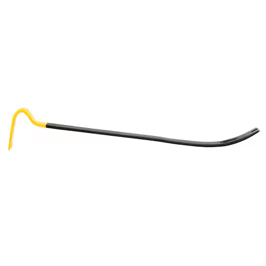 The STANLEY 21 IN WONDER BAR® X21 PRY BAR features a black metal body with a yellow handle and a curved, flat tip, making it ideal for prying, lifting objects, or nail removal during demolition tasks.