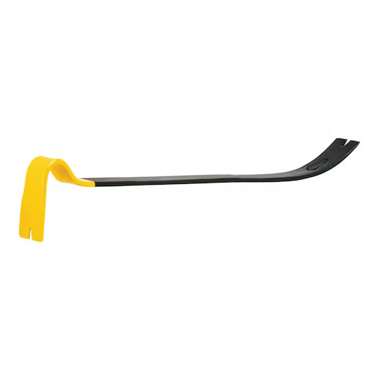 The STANLEY 21 IN WONDER BAR® X21 PRY BAR features a durable yellow-painted, flat angled end and a curved black shaft with a slotted tip, designed for efficient nail removal and heavy-duty demolition tasks.