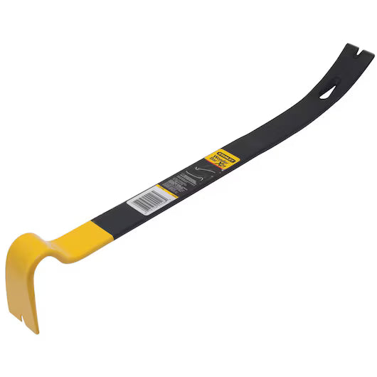 The STANLEY 21 IN WONDER BAR® X21 PRY BAR features a yellow curved end and a flat, notched side, making it ideal for nail removal or demolition. It has a central label with a barcode for easy identification.
