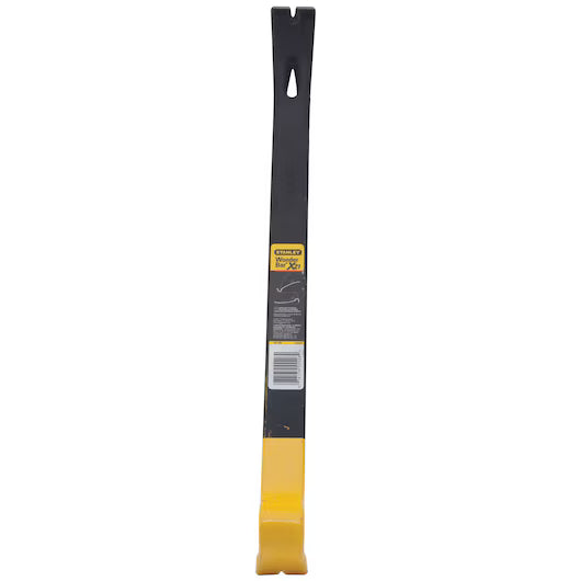 The STANLEY 21 IN WONDER BAR® X21 PRY BAR features a black metal shaft, a yellow-painted tip, a split end for removing nails, and a flat side for prying. A central label with text and barcode is attached to the tool.