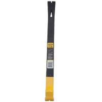 The STANLEY 21 IN WONDER BAR® X21 PRY BAR features a black metal shaft, a yellow-painted tip, a split end for removing nails, and a flat side for prying. A central label with text and barcode is attached to the tool.