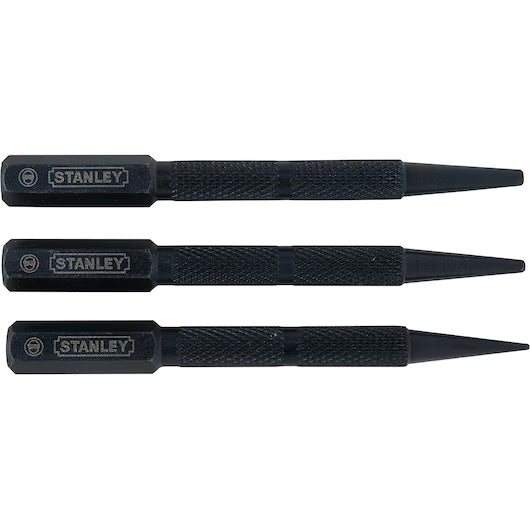 The STANLEY® NAIL PUNCH 3 PC. SET features three hardened steel punches with hexagonal handles, knurled grips, and pointed tips—perfect for any woodworking tool collection.