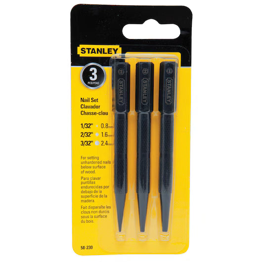 The STANLEY® NAIL PUNCH 3 PC. SET by STANLEY includes three hardened steel nail punches (1/32, 2/32, 3/32) in yellow and black packaging, aligned vertically in a clear cover—a versatile choice for woodworking tools.