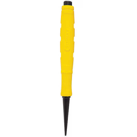 The STANLEY 1/32 IN TIP CUSHION GRIP NAIL SET features a yellow handle and black pointed tip, ideal for marking surfaces in woodworking, and is shown vertically against a white background.