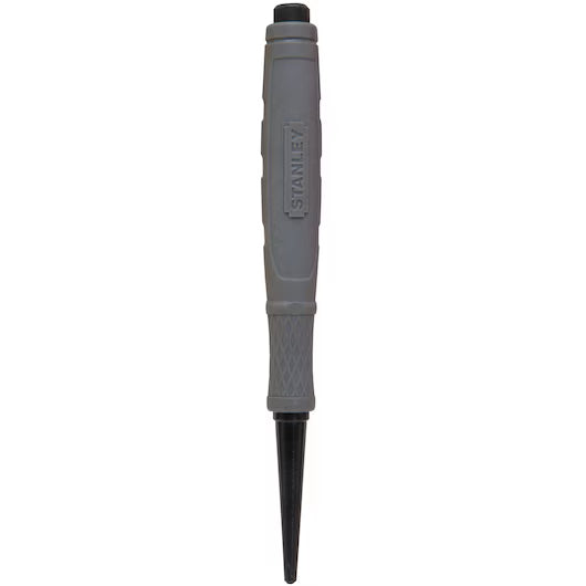 The STANLEY 2/32 IN Tip Cushion Grip Nail Set is a gray tool with a cushioned handle, pointed metal tip, and push button, commonly used for marking surfaces as a center punch or nail set.