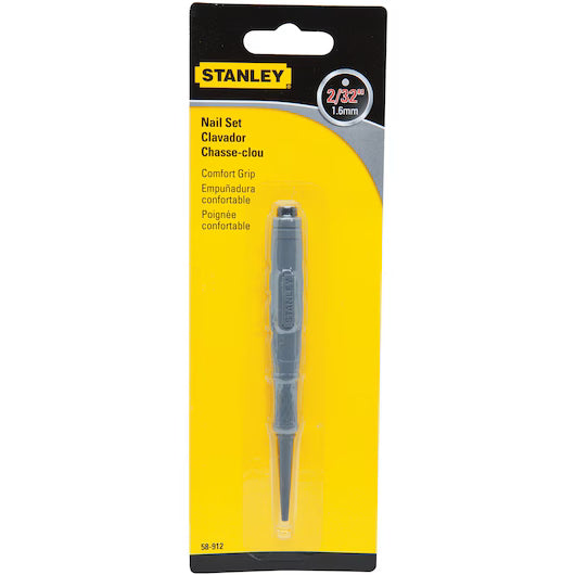 The STANLEY 2/32 IN Tip Cushion Grip Nail Set is a comfortable woodworking tool, packaged in black and yellow with English, Spanish, and French labeling. Size: 2/32 inch (1.6mm).