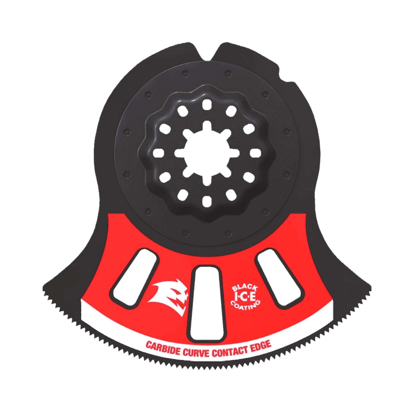 The DIABLO DOS3125RCGP 3-1/8 in. AMPED™ Demo Demon™ Starlock Blade by Diablo is perfect for plunge cuts, featuring a star-shaped hole and multiple carbide teeth. Its black and red design showcases Black Ice Coating and Carbide Curve Contact Edge.