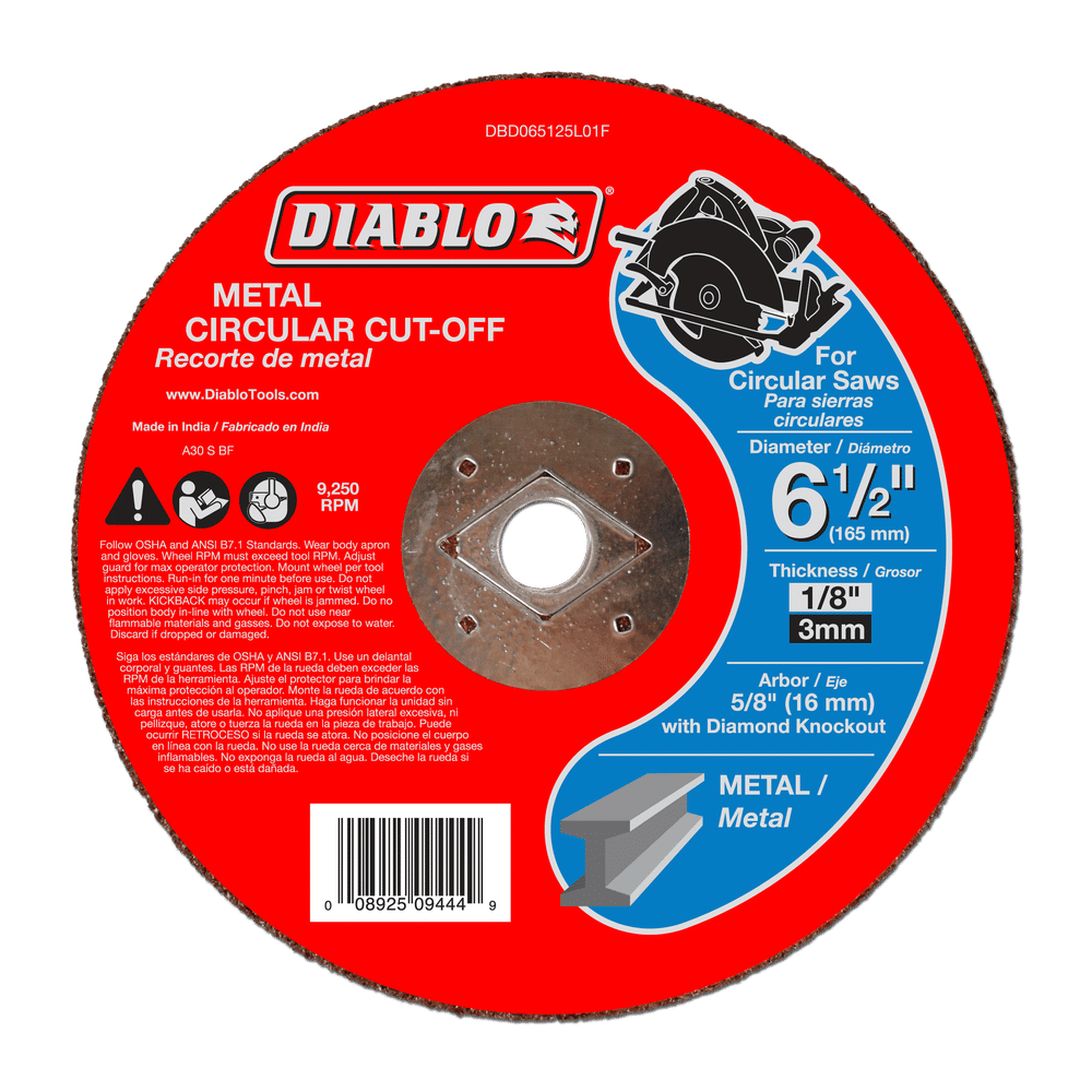 The DIABLO DBD065125L01F metal cut-off disc (6-1/2 x 1/8 x 5/8) is designed for circular saws, optimized for up to 9,650 RPM. Made from durable aluminum oxide, it includes an illustration and safety instructions.