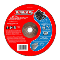 The DIABLO DBD065125L01F metal cut-off disc (6-1/2 x 1/8 x 5/8) is designed for circular saws, optimized for up to 9,650 RPM. Made from durable aluminum oxide, it includes an illustration and safety instructions.