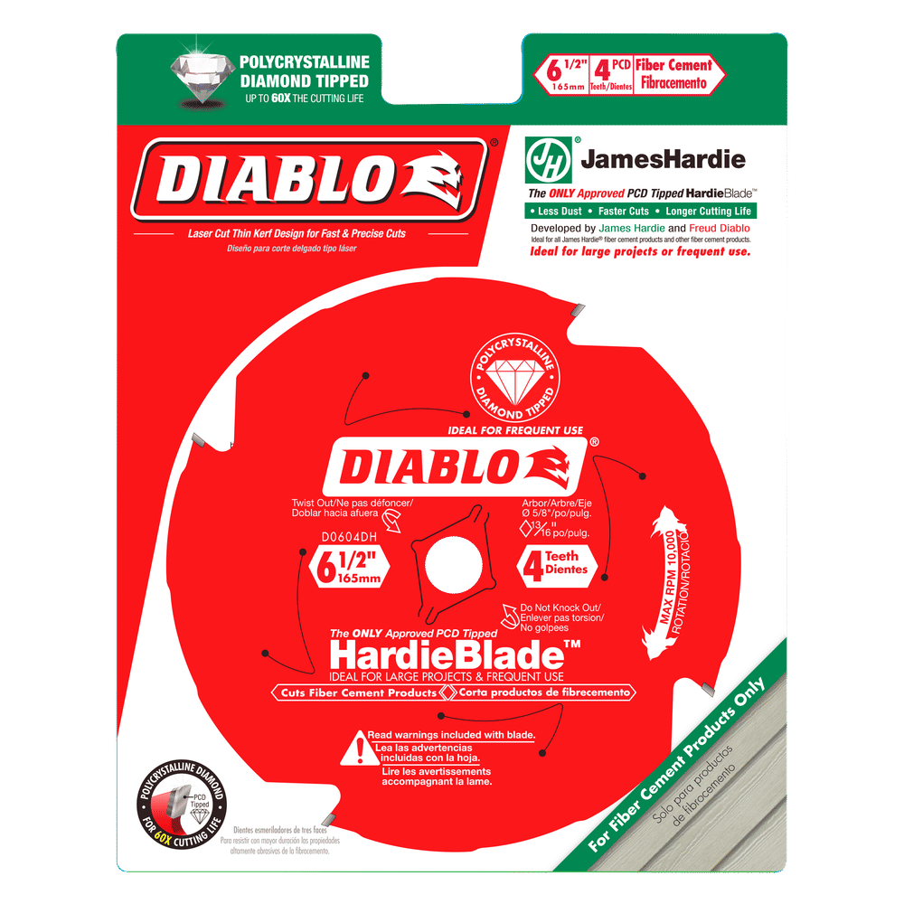 Image of Diablos DIABLO D0604DHA 6-1/2 in. x 4 Tooth PCD Fiber Cement Hardie Saw Blade packaging, featuring polycrystalline diamond tips. Designed for fiber cement and compatible with James Hardie Building Products, it ensures longer cutting life and precise cuts.