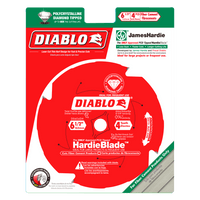 Image of Diablos DIABLO D0604DHA 6-1/2 in. x 4 Tooth PCD Fiber Cement Hardie Saw Blade packaging, featuring polycrystalline diamond tips. Designed for fiber cement and compatible with James Hardie Building Products, it ensures longer cutting life and precise cuts.