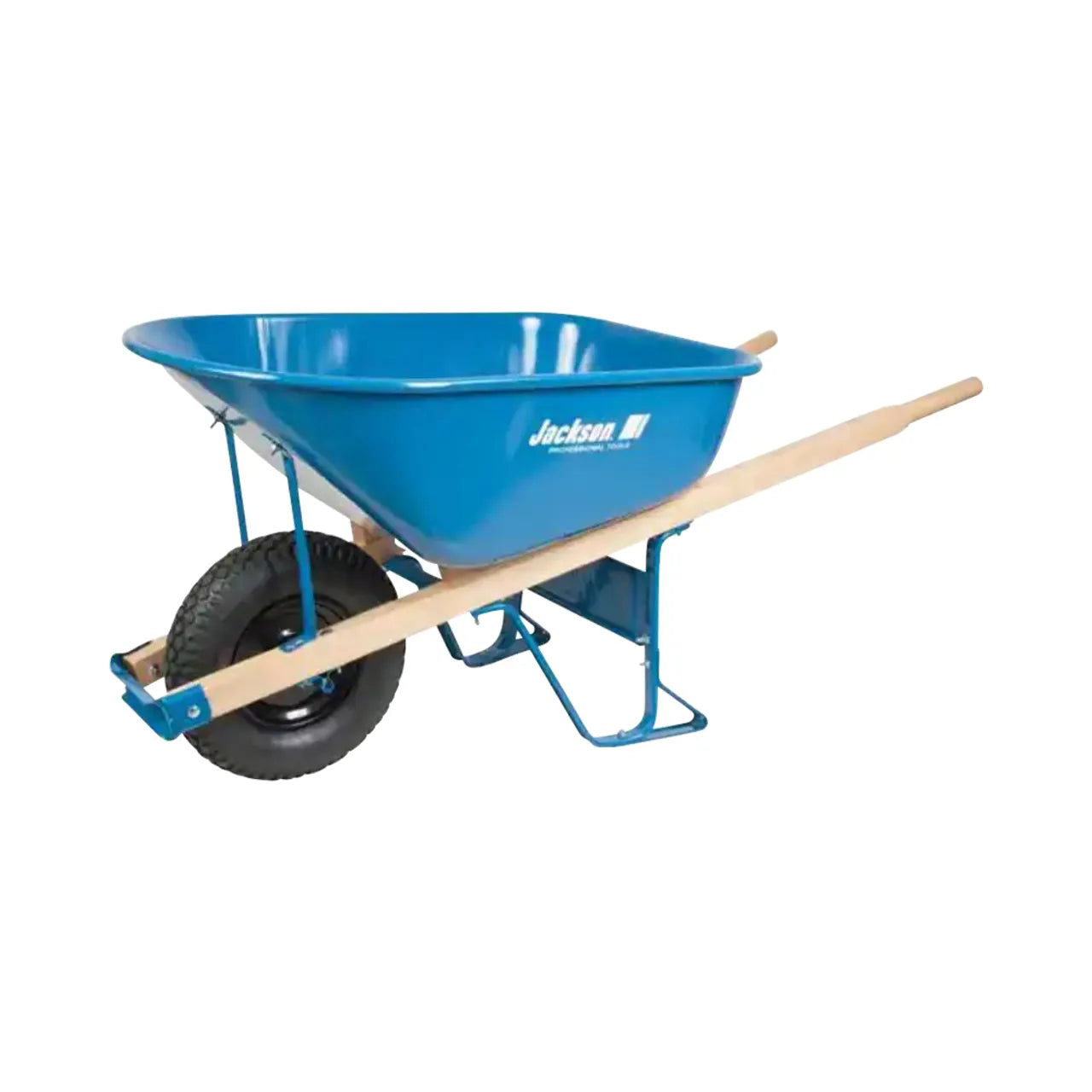 The Go Build 6 cu. ft. Steel Wheelbarrow features a single black wheel, wooden handles, and metal frame—ideal for heavy-duty jobs. Sturdy and reliable, it stands ready on a white background as the fastest way to build tough projects.