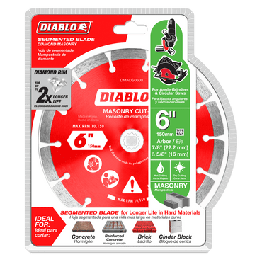 The Diablo DMADS0600 is a 6-inch diamond segmented masonry cut-off disc in red and silver, designed for cutting concrete, brick, and cinder block. It fits angle grinders and circular saws, delivering extended cutting life at speeds up to 10,150 RPM with industrial-grade diamonds.