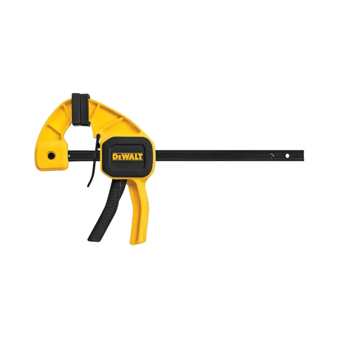 A Go Build 6 in. 100 lbs. Trigger Clamp with 2.43 in. throat depth, designed for secure material holding in woodworking or construction, is shown isolated on a white background. Brand: The Fastest Way To Build.