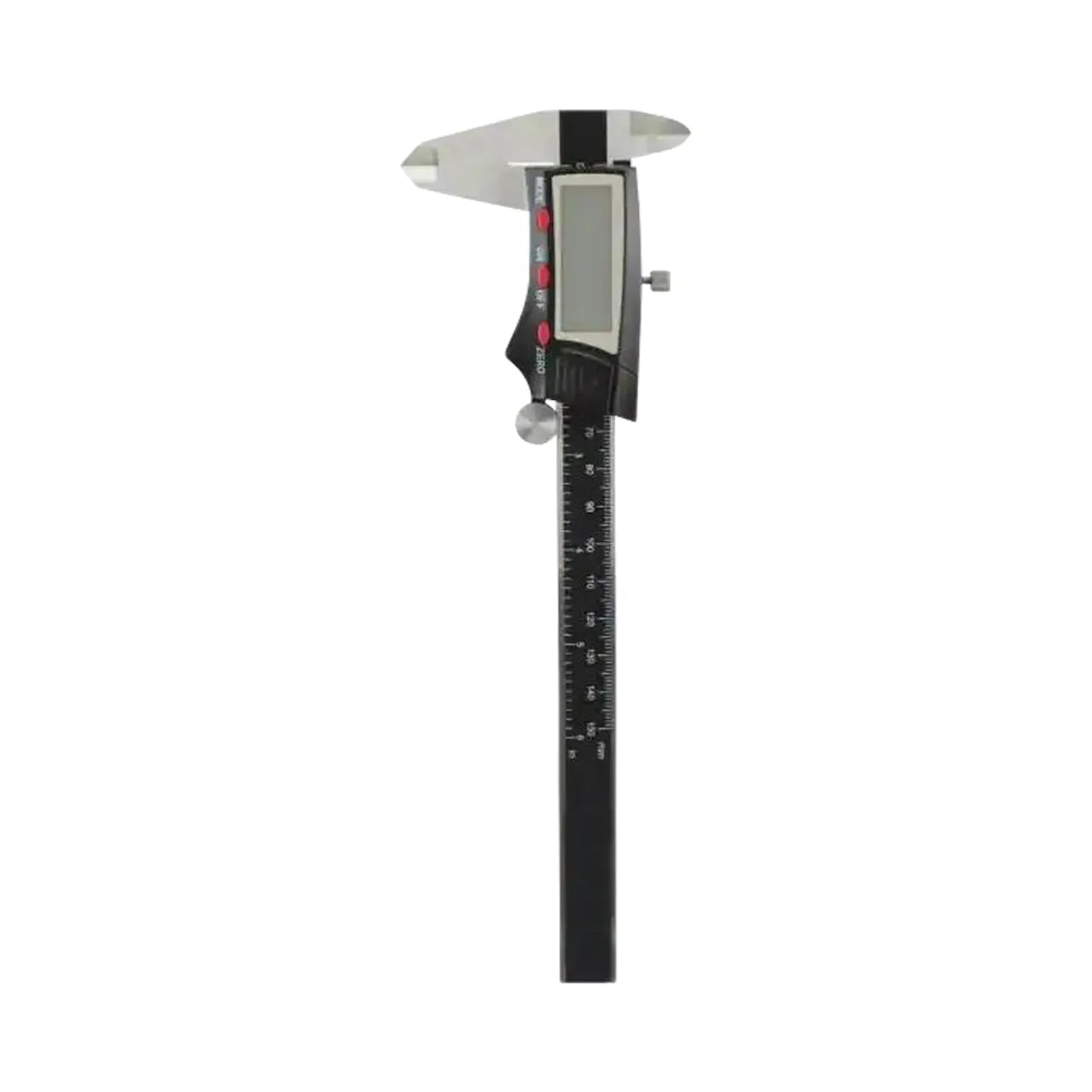 The Go Build 6 in. 3-Mode Digital Fractional Caliper features a black body, silver tips, a digital display, and clear markings on its stainless steel shaft, shown against a white background.