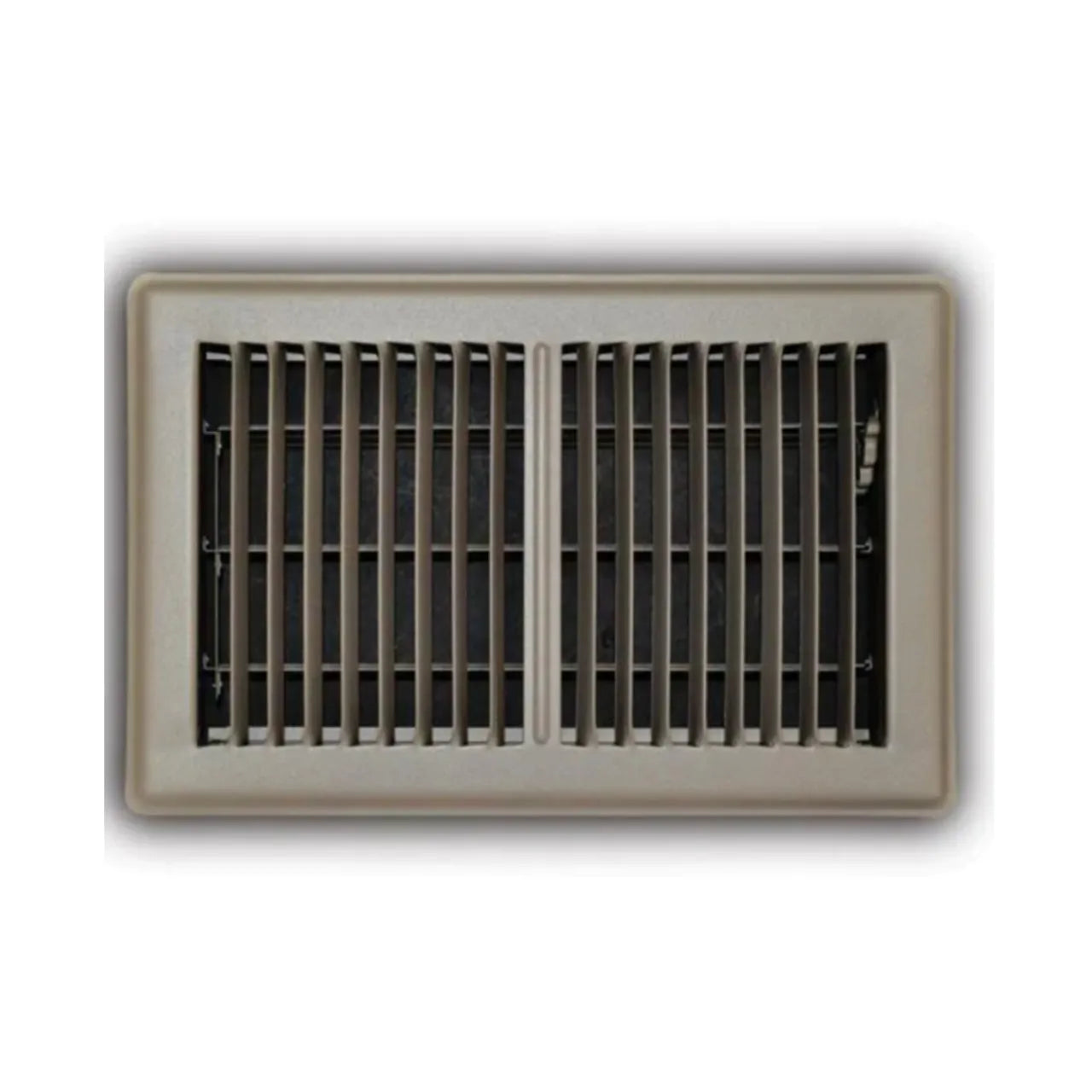 The Go Build 6 in. x 10 in. 2-Way Steel Floor Register in brown features vertical and horizontal slats for adjustable airflow control, shown from the front against a white background.