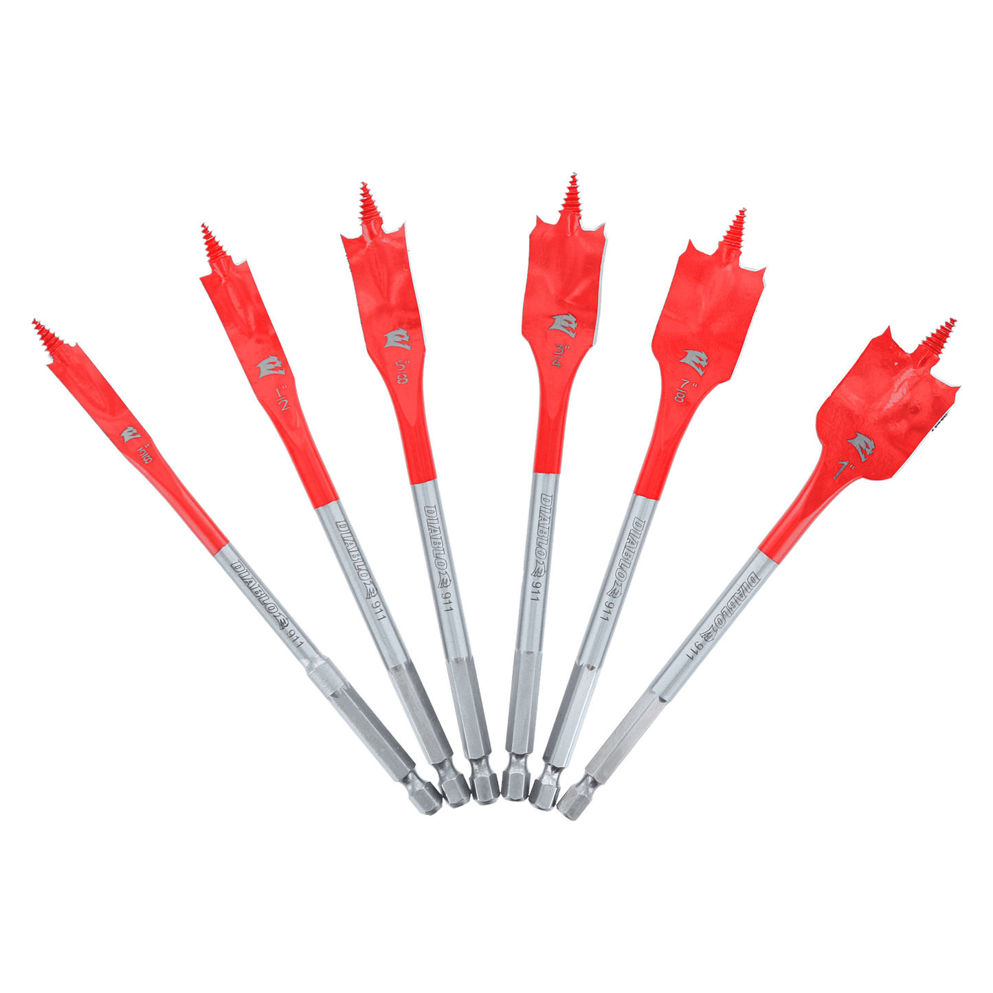 The DIABLO DSP2920-S6 by Diablo is a 6-piece spade bit set for wood, styled in a fan shape. Each red bit has a pointed tip with a flat, wide blade below, and the metallic silver shank contrasts with the solid green background.