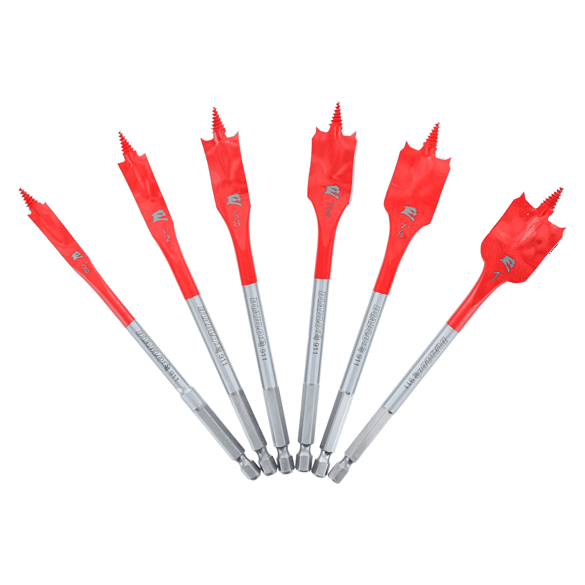 The DIABLO DSP2920-S6 by Diablo is a 6-piece spade bit set for wood, styled in a fan shape. Each red bit has a pointed tip with a flat, wide blade below, and the metallic silver shank contrasts with the solid green background.