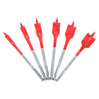 The DIABLO DSP2920-S6 by Diablo is a 6-piece spade bit set for wood, styled in a fan shape. Each red bit has a pointed tip with a flat, wide blade below, and the metallic silver shank contrasts with the solid green background.