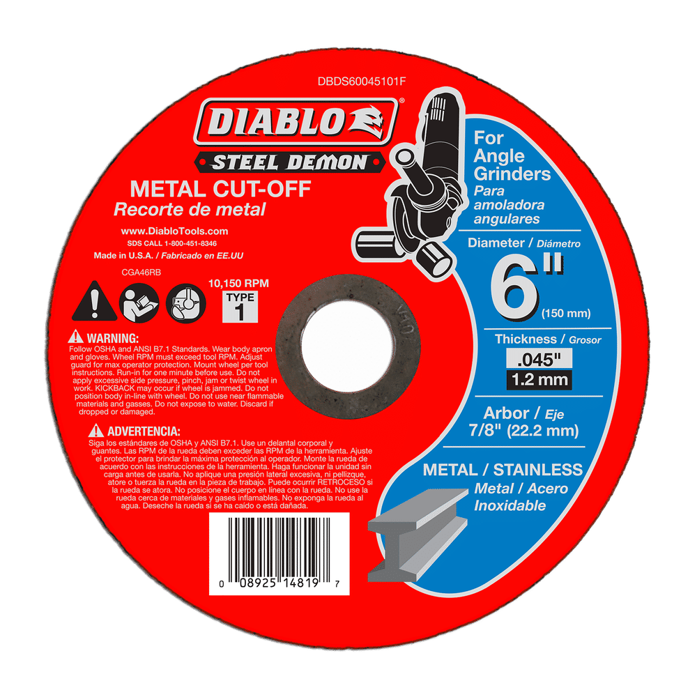 The DIABLO DBDS60045101F Steel Demon disc is packaged in sleek red, boasting a premium ceramic blend. With a 6 diameter, 0.045 thickness, and 7/8 arbor, it ensures safety for angle grinders on metal/stainless tasks using cutting-edge technology.