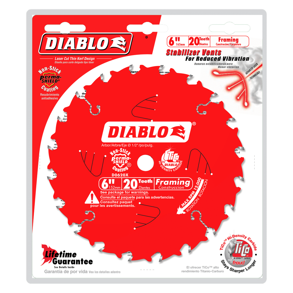 The red DIABLO packaging showcases the D0620X 6 in., 20-tooth thin kerf trim saw blade, featuring Perma-SHIELD coating and TiCo Hi-Density carbide. Graphics emphasize stabilizer vents, and include warranty and safety information on vibration reduction.
