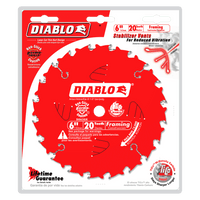 The red DIABLO packaging showcases the D0620X 6 in., 20-tooth thin kerf trim saw blade, featuring Perma-SHIELD coating and TiCo Hi-Density carbide. Graphics emphasize stabilizer vents, and include warranty and safety information on vibration reduction.