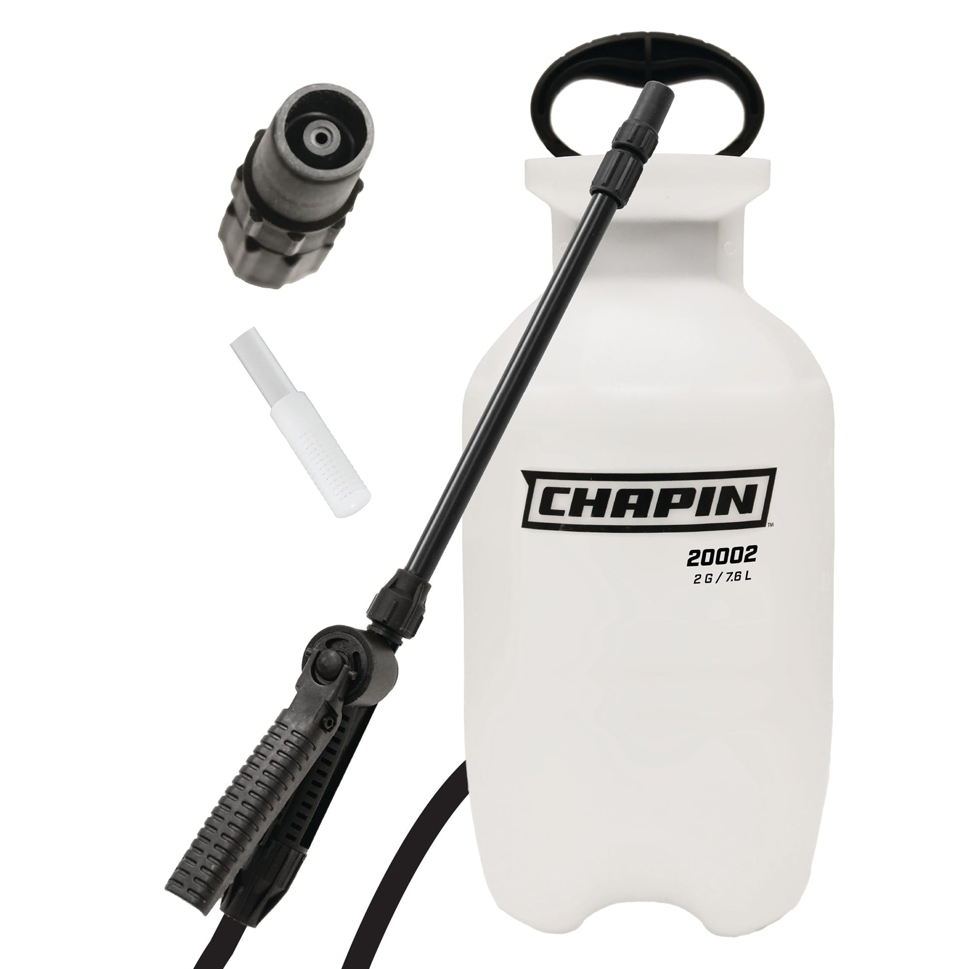 The PACOA 2 Gallon Sure Spray Poly Sprayer features a durable white tank, black handle, hose, and spray wand, plus extra nozzle and filter parts. Ideal for lawn, garden, and cleaning tasks.