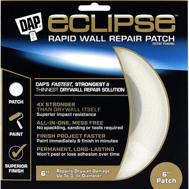 The DAP Eclipse Rapid Wall Repair Patch 50871 by DAP provides a 6-inch, fast, strong, thin, impact-resistant and easy-to-use permanent solution for repairing up to 3-inch drywall damage.