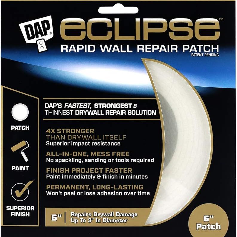 The DAP Eclipse Rapid Wall Repair Patch 50871 by DAP provides a 6-inch, fast, strong, thin, impact-resistant and easy-to-use permanent solution for repairing up to 3-inch drywall damage.
